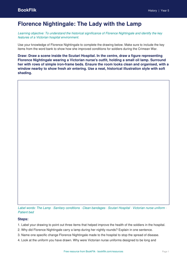 Free Florence Nightingale Drawing Sheet | Year 5 Core | BookFlik worksheet preview — History Florence Nightingale