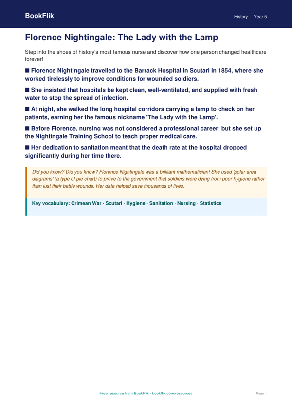 Free Florence Nightingale Poster | Year 5 Core | BookFlik worksheet preview — History Florence Nightingale