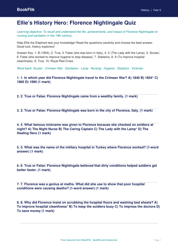 Free Florence Nightingale Quiz | Year 5 Core | BookFlik worksheet preview — History Florence Nightingale