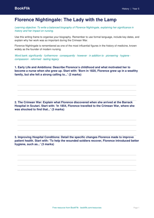 Free Florence Nightingale Writing Frame | Year 5 Core | BookFlik worksheet preview — History Florence Nightingale