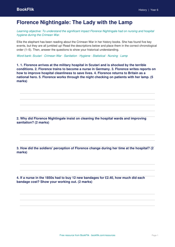 Free Florence Nightingale Activity Sheet | Year 6 Core | BookFlik