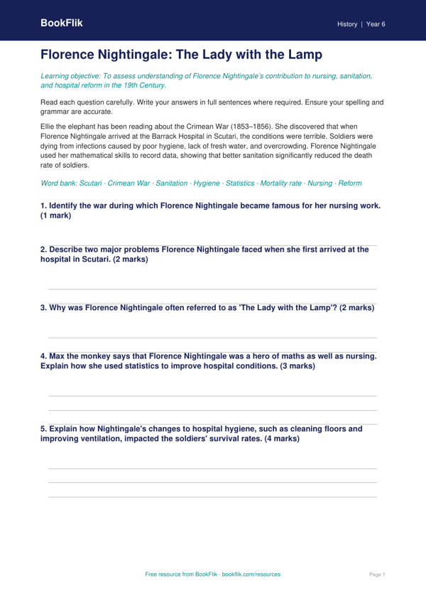 Free Florence Nightingale Assessment | Year 6 Core | BookFlik