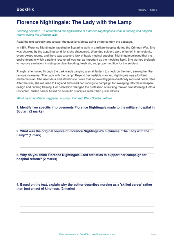 Free Florence Nightingale Comprehension | Year 6 Core | BookFlik