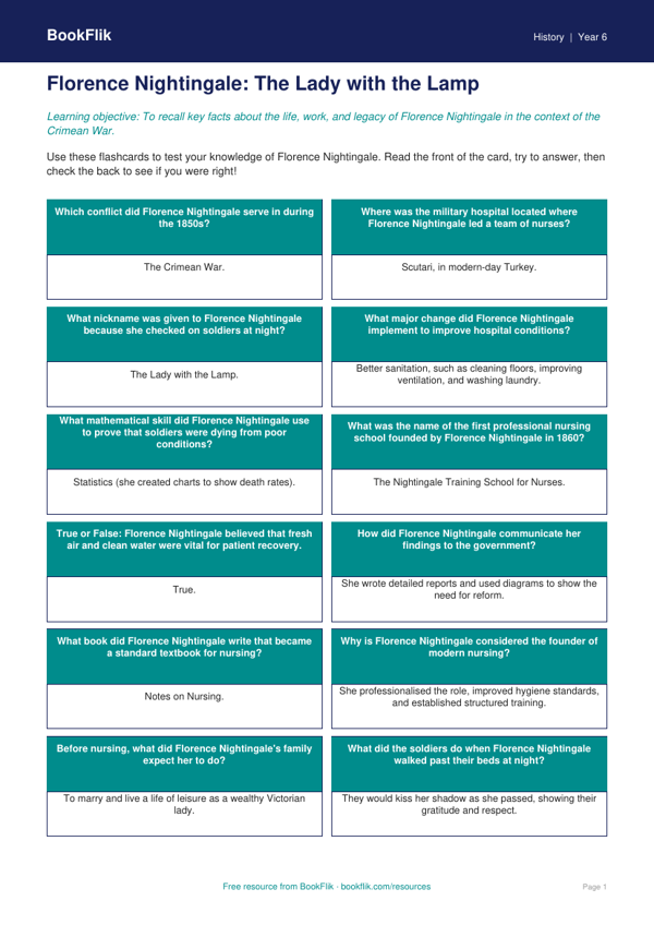 Free Florence Nightingale Flashcards | Year 6 Core | BookFlik