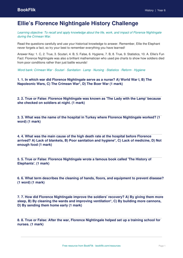 Free Florence Nightingale Quiz | Year 6 Core | BookFlik