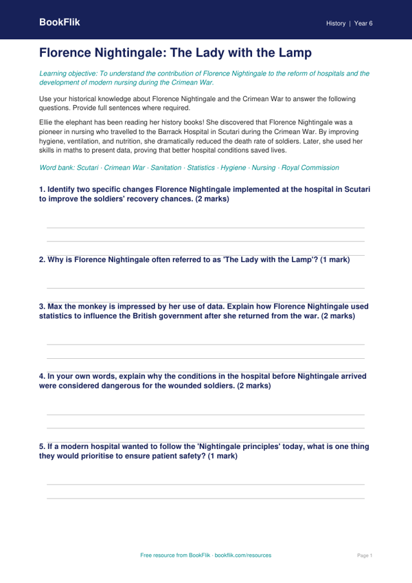 Free Florence Nightingale Worksheet | Year 6 Core | BookFlik