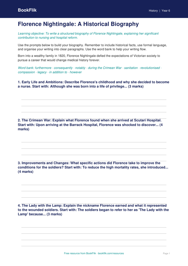 Free Florence Nightingale Writing Frame | Year 6 Core | BookFlik
