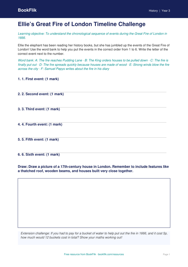 Free Great Fire Of London Activity Sheet | Year 3 Core | BookFlik worksheet preview — History Great Fire Of London