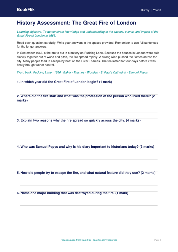 Free Great Fire Of London Assessment | Year 3 Core | BookFlik worksheet preview — History Great Fire Of London