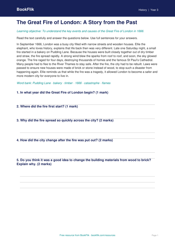 Free Great Fire Of London Comprehension | Year 3 Core | BookFlik worksheet preview — History Great Fire Of London