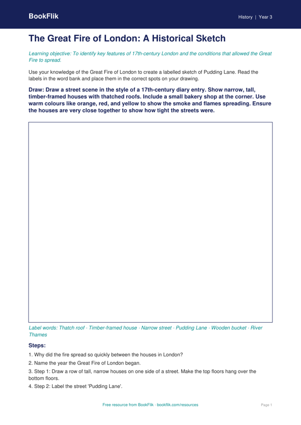 Free Great Fire Of London Drawing Sheet | Year 3 Core | BookFlik worksheet preview — History Great Fire Of London
