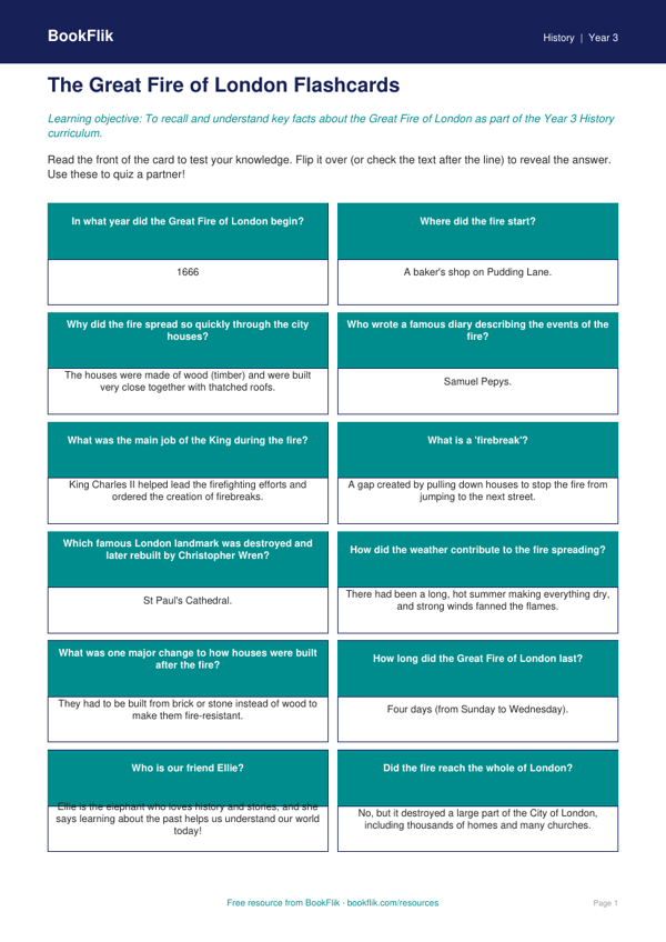 Free Great Fire Of London Flashcards | Year 3 Core | BookFlik worksheet preview — History Great Fire Of London