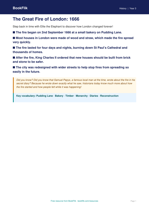 Free Great Fire Of London Poster | Year 3 Core | BookFlik worksheet preview — History Great Fire Of London