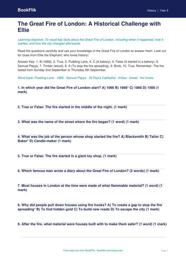 Free Great Fire Of London Quiz | Year 3 Core | BookFlik worksheet preview — History Great Fire Of London