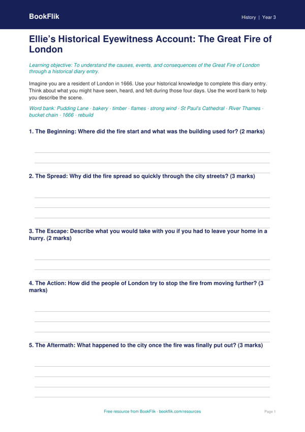 Free Great Fire Of London Template | Year 3 Core | BookFlik worksheet preview — History Great Fire Of London