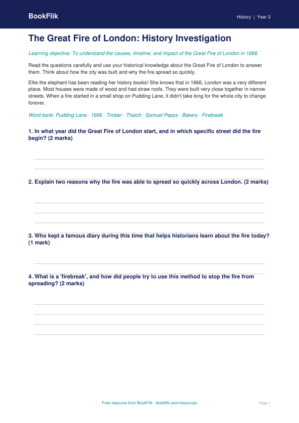 Free Great Fire Of London Worksheet | Year 3 Core | BookFlik worksheet preview — History Great Fire Of London