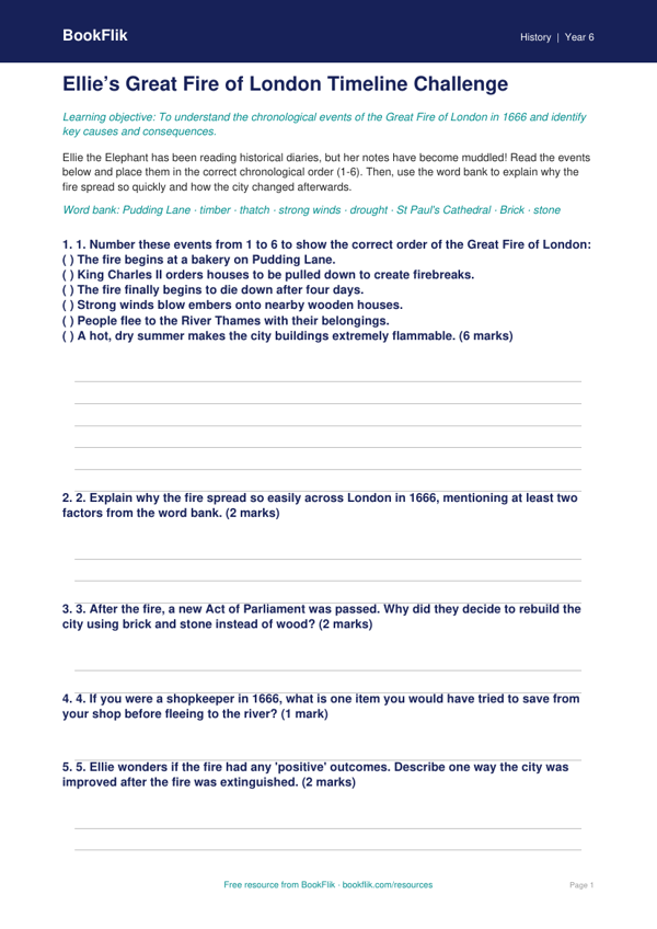 Free Great Fire Of London Activity Sheet | Year 6 Core | BookFlik