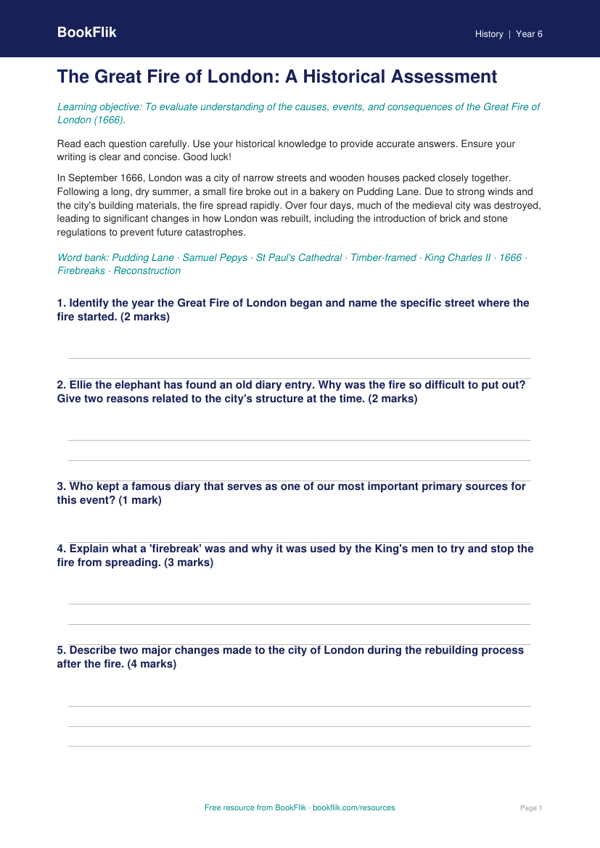 Free Great Fire Of London Assessment | Year 6 Core | BookFlik