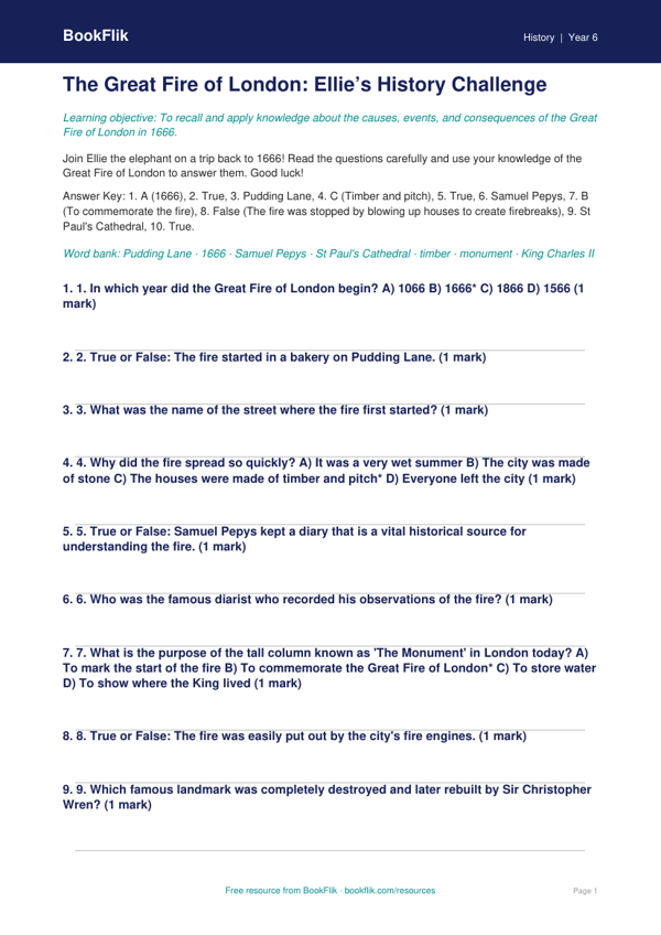 Free Great Fire Of London Quiz | Year 6 Core | BookFlik