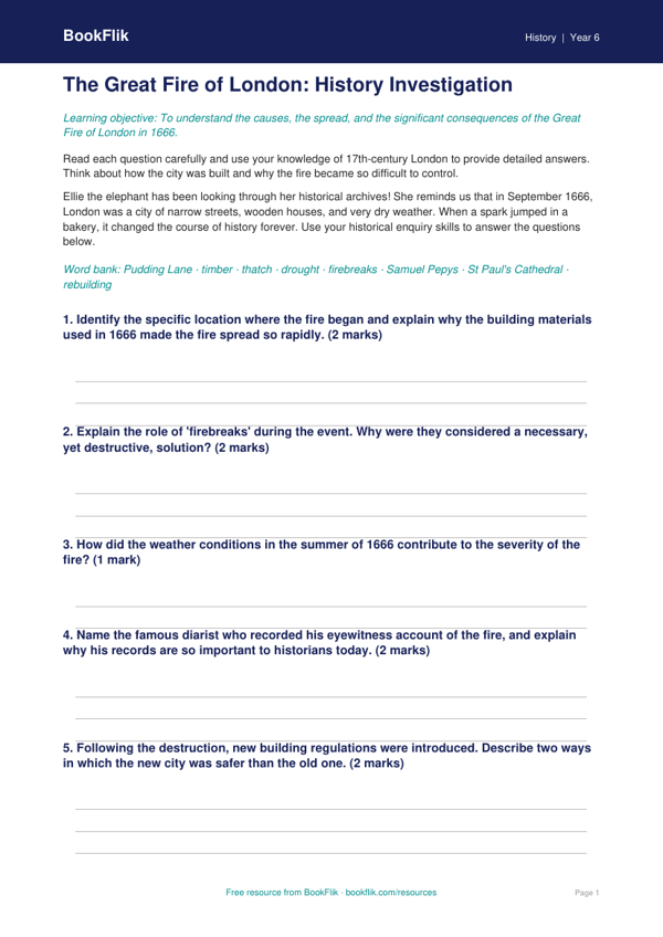 Free Great Fire Of London Worksheet | Year 6 Core | BookFlik