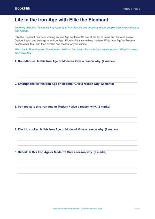 Free Iron Age Activity Sheet | Year 3 Core | BookFlik worksheet preview — History Iron Age