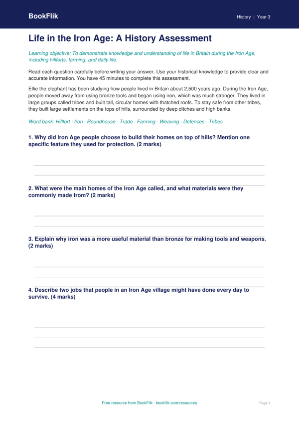 Free Iron Age Assessment | Year 3 Core | BookFlik worksheet preview — History Iron Age