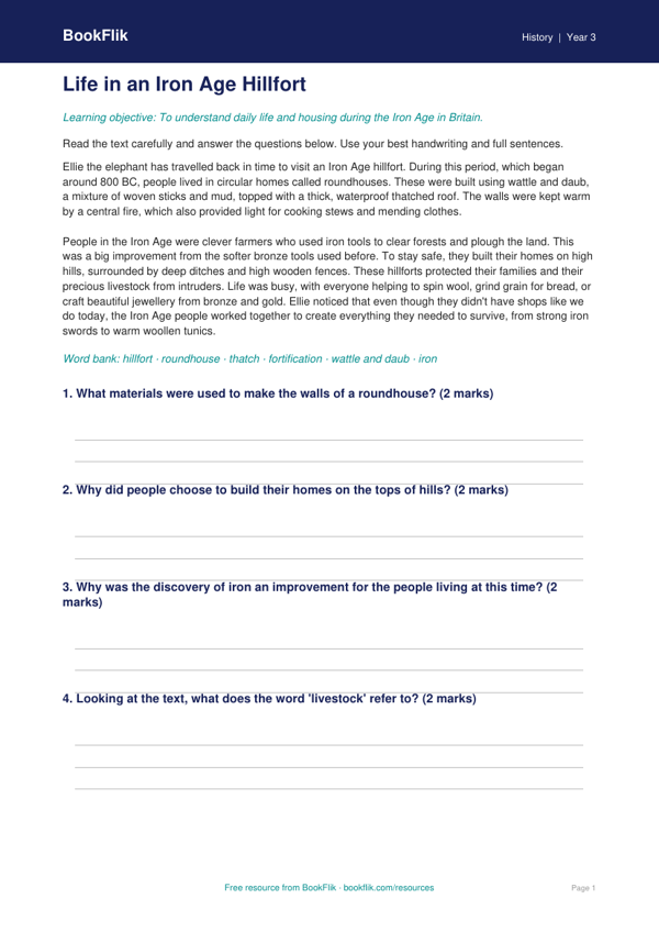 Free Iron Age Comprehension | Year 3 Core | BookFlik worksheet preview — History Iron Age