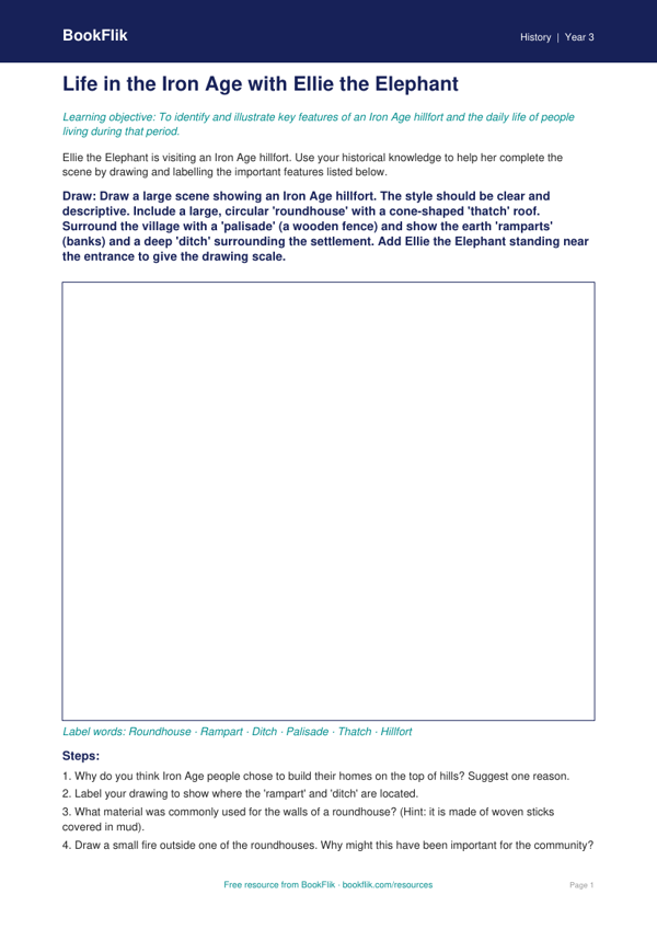 Free Iron Age Drawing Sheet | Year 3 Core | BookFlik worksheet preview — History Iron Age