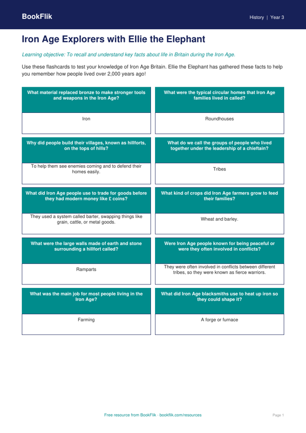 Free Iron Age Flashcards | Year 3 Core | BookFlik worksheet preview — History Iron Age