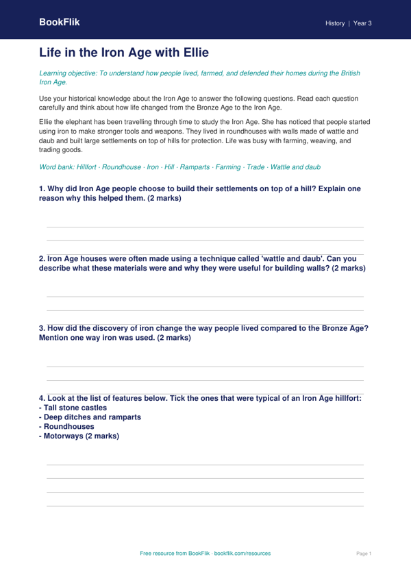 Free Iron Age Worksheet | Year 3 Core | BookFlik worksheet preview — History Iron Age