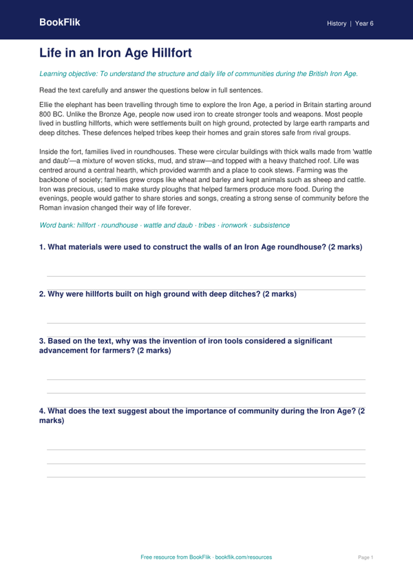 Free Iron Age Comprehension | Year 6 Core | BookFlik