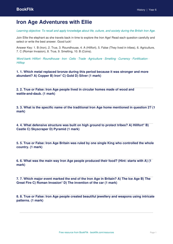 Free Iron Age Quiz | Year 6 Core | BookFlik