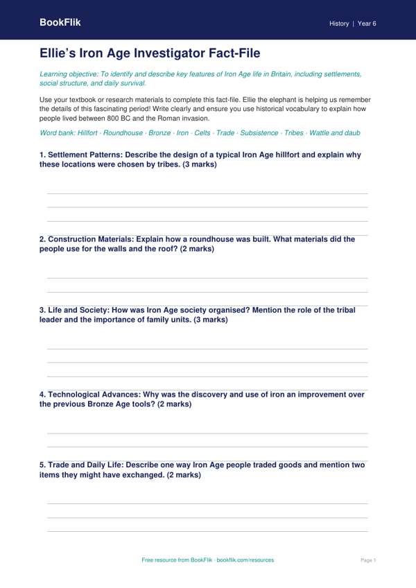 Free Iron Age Worksheet | Year 6 History Resource | BookFlik