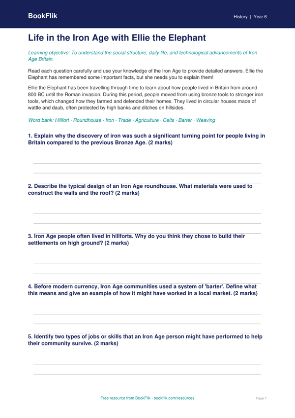 Free Iron Age Worksheet | Year 6 History Resource | BookFlik