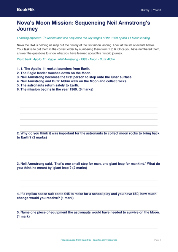Free Neil Armstrong Activity Sheet | Year 3 Core | BookFlik worksheet preview — History Neil Armstrong