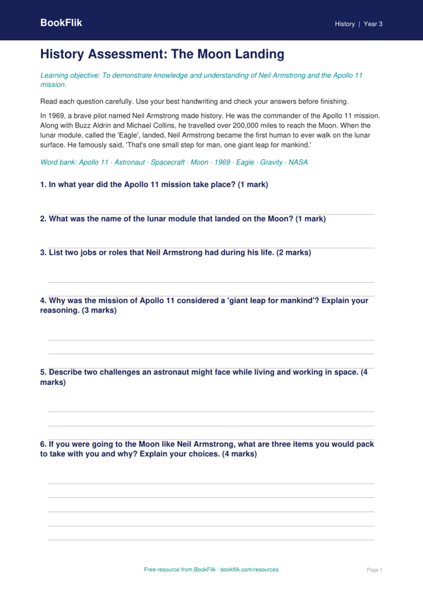 Free Neil Armstrong Assessment | Year 3 Core | BookFlik worksheet preview — History Neil Armstrong
