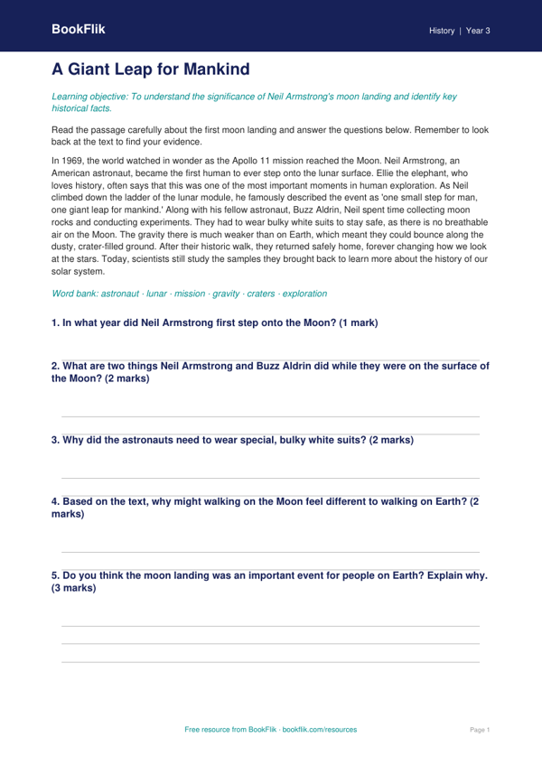 Free Neil Armstrong Comprehension | Year 3 Core | BookFlik worksheet preview — History Neil Armstrong