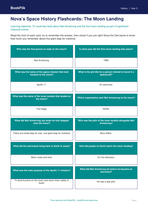 Free Neil Armstrong Flashcards | Year 3 History | BookFlik worksheet preview — History Neil Armstrong