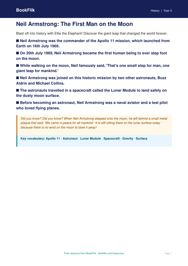 Free Neil Armstrong Poster | Year 3 Core | BookFlik worksheet preview — History Neil Armstrong