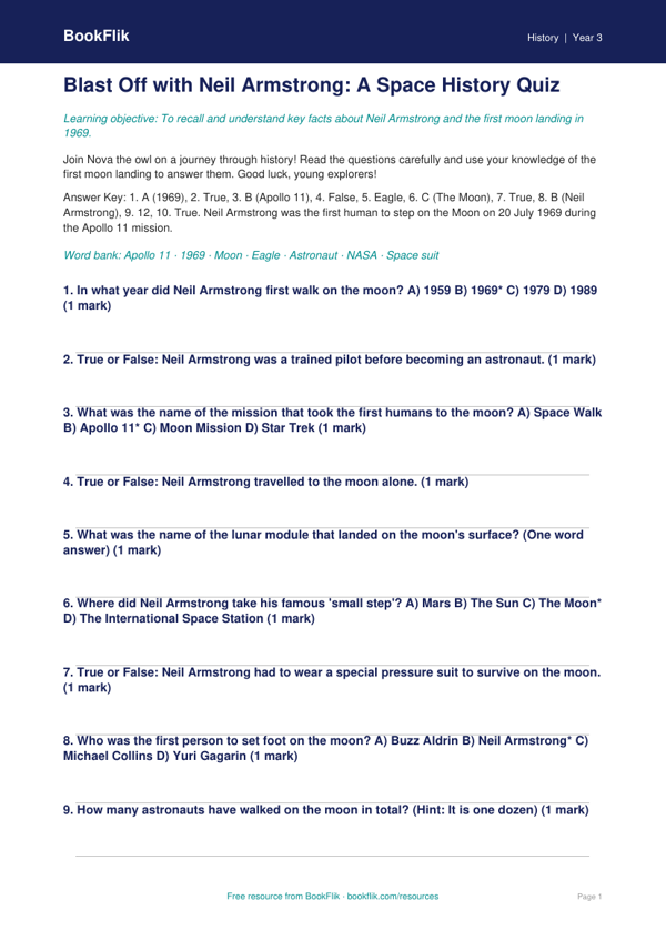 Free Neil Armstrong Quiz | Year 3 Core | BookFlik worksheet preview — History Neil Armstrong