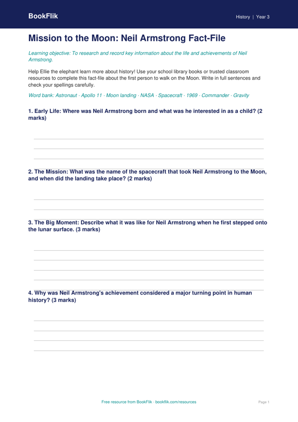 Free Neil Armstrong Worksheet | Year 3 History | BookFlik worksheet preview — History Neil Armstrong