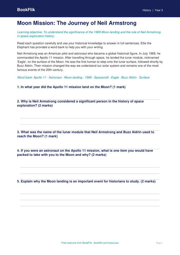 Free Neil Armstrong Worksheet | Year 3 Core | BookFlik worksheet preview — History Neil Armstrong