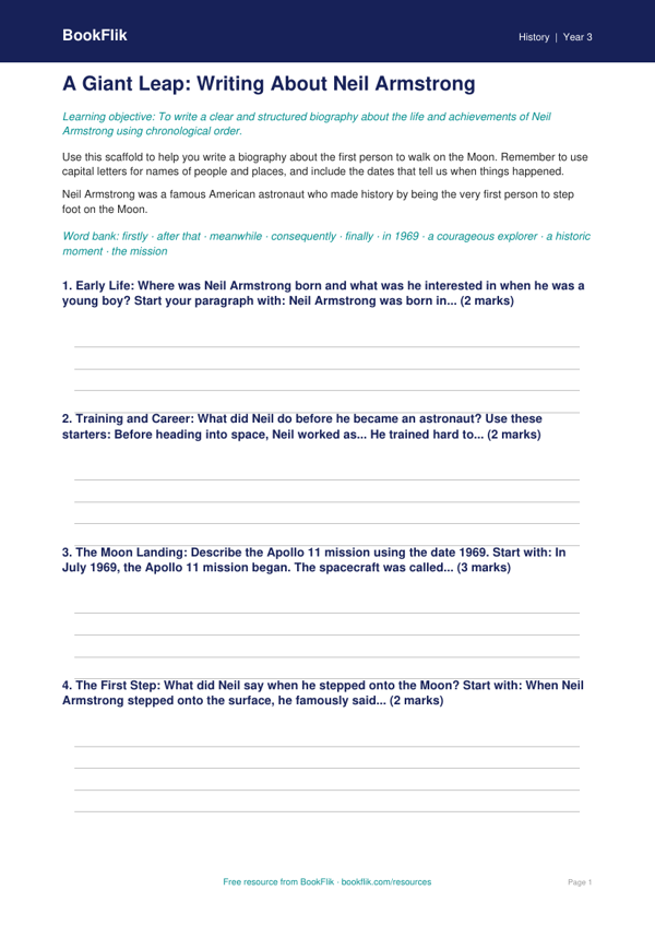 Free Neil Armstrong Writing Frame | Year 3 Core | BookFlik worksheet preview — History Neil Armstrong