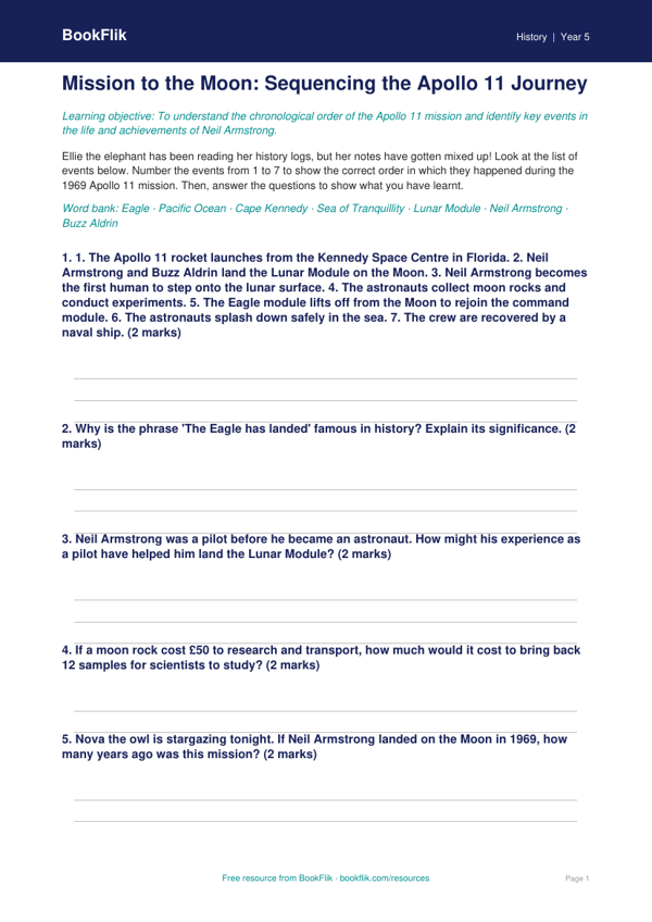 Free Neil Armstrong Activity Sheet | Year 5 Core | BookFlik worksheet preview — History Neil Armstrong