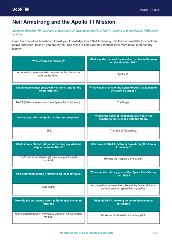 Free Neil Armstrong Flashcards | Year 5 Core | BookFlik worksheet preview — History Neil Armstrong