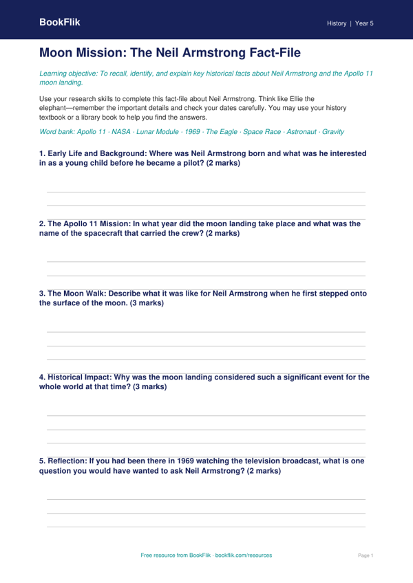 Free Neil Armstrong Template | Year 5 Core | BookFlik worksheet preview — History Neil Armstrong