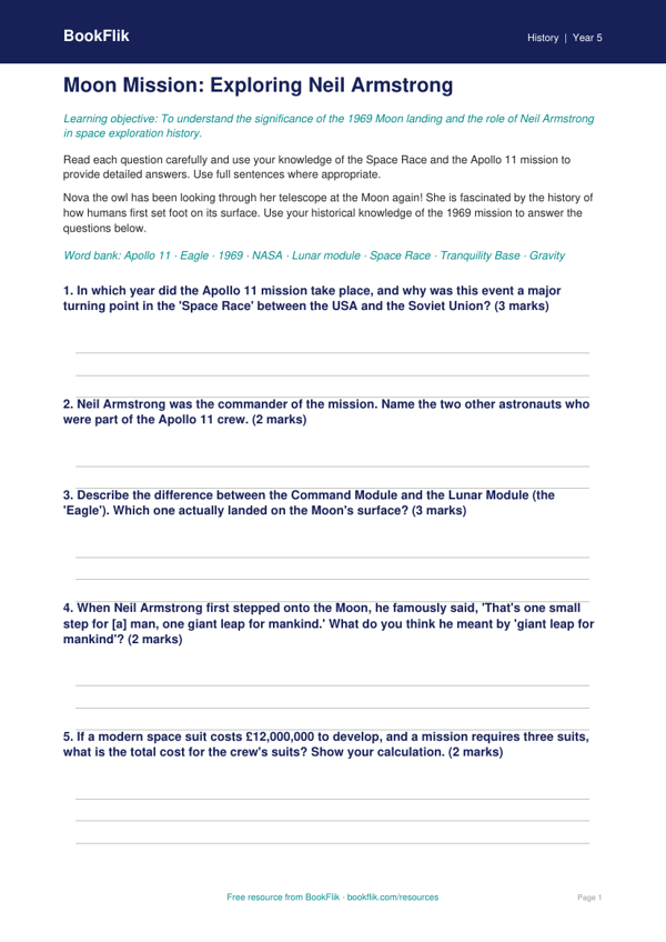 Free Neil Armstrong Worksheet | Year 5 Core | BookFlik worksheet preview — History Neil Armstrong