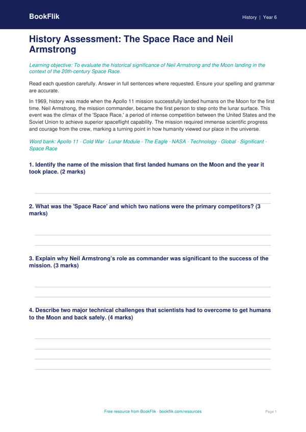 Free Neil Armstrong Assessment | Year 6 Core | BookFlik