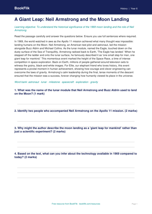 Free Neil Armstrong Comprehension | Year 6 Core | BookFlik