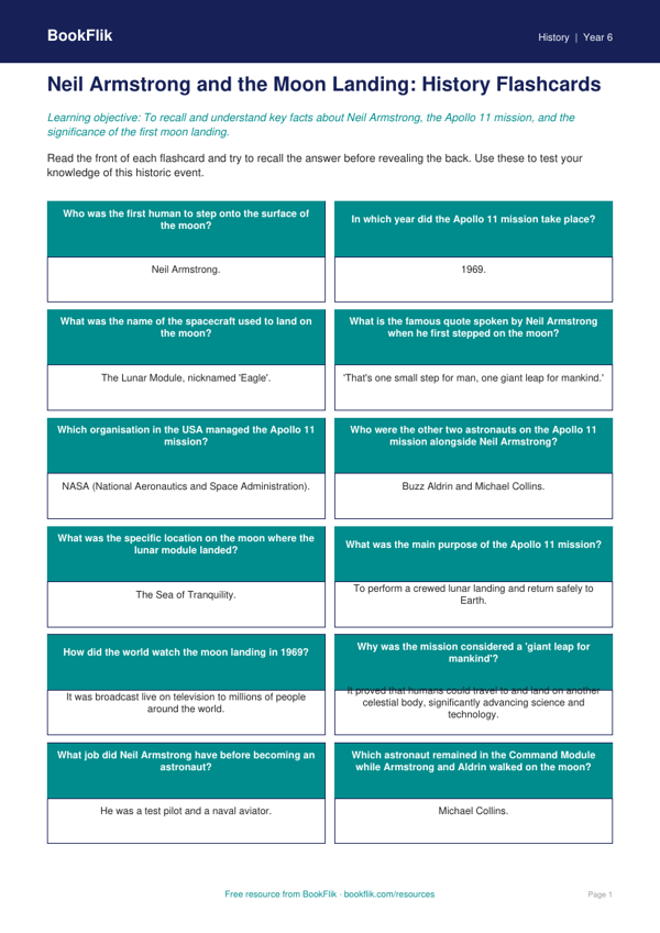 Free Neil Armstrong Flashcards | Year 6 Core | BookFlik worksheet preview — History Neil Armstrong